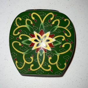 Kashmir hand decorated vase/container/decor green, yellow, red, white, black